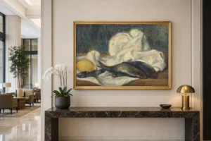Framed print of Herrings and Lemon hanging on a wall in a furnished room
