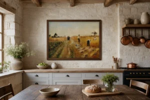 Framed print of Harvesters hanging on a wall in a furnished room