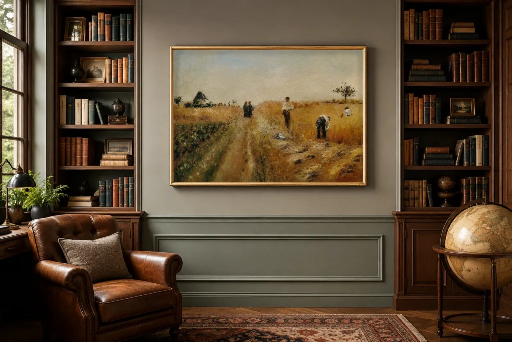 Framed print of Harvesters hanging on a wall in a furnished room