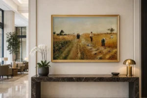 Framed print of Harvesters hanging on a wall in a furnished room