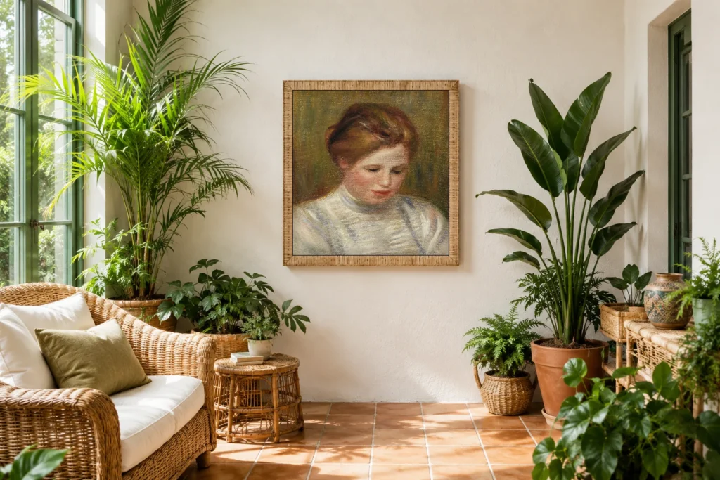 Framed print of Head (Tête); also called Etude de brodeuse hanging on a wall in a furnished room