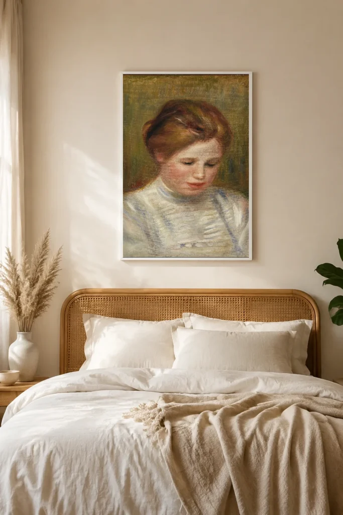 Framed print of Head (Tête); also called Etude de brodeuse hanging on a wall in a furnished room