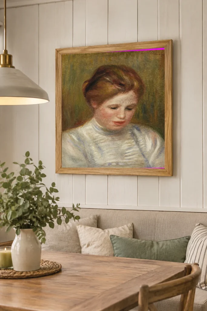 Framed print of Head (Tête); also called Etude de brodeuse hanging on a wall in a furnished room