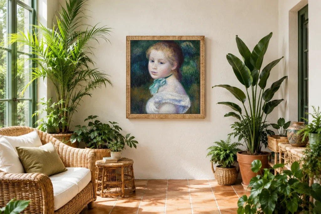 Framed print of Head of Young Girl (Tête de jeune fille) hanging on a wall in a furnished room