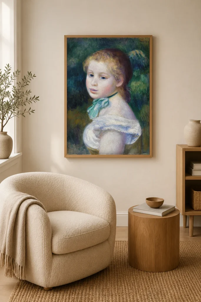 Framed print of Head of Young Girl (Tête de jeune fille) hanging on a wall in a furnished room