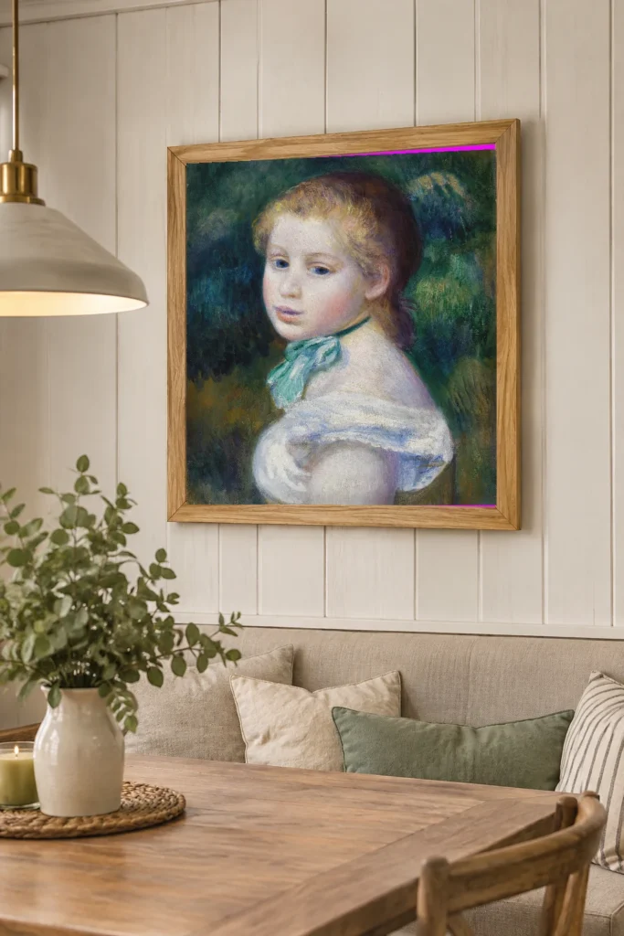 Framed print of Head of Young Girl (Tête de jeune fille) hanging on a wall in a furnished room