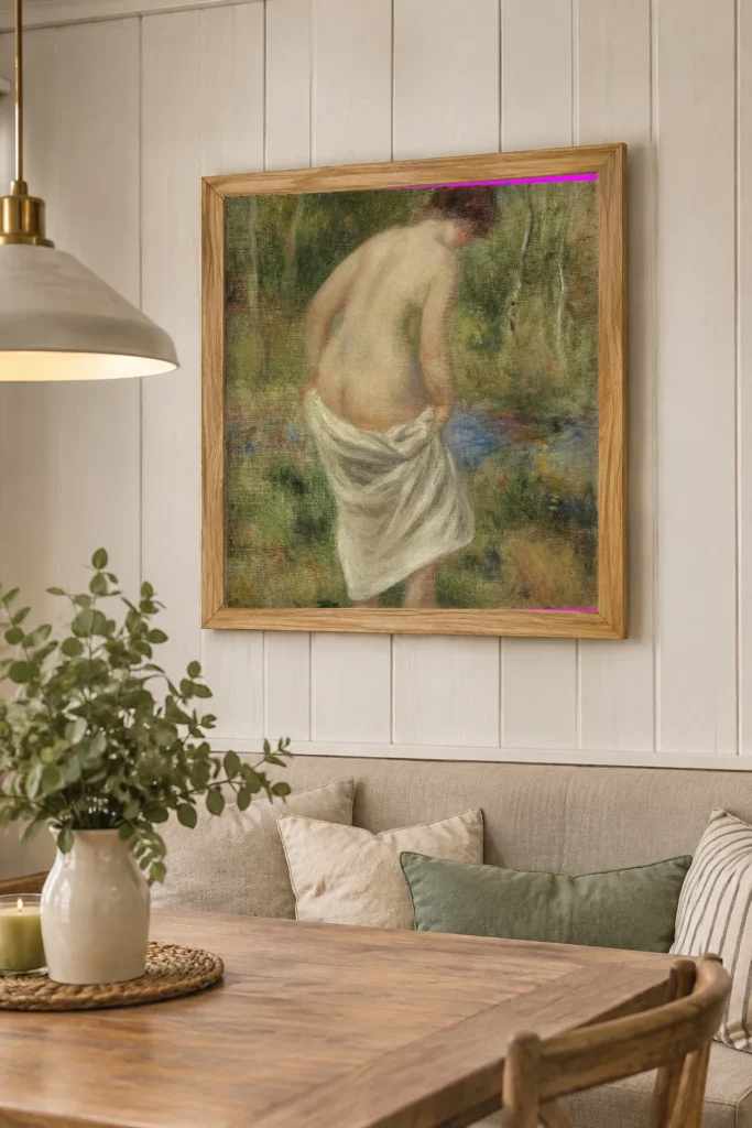 Framed print of After the Bath (Après le bain) hanging on a wall in a furnished room
