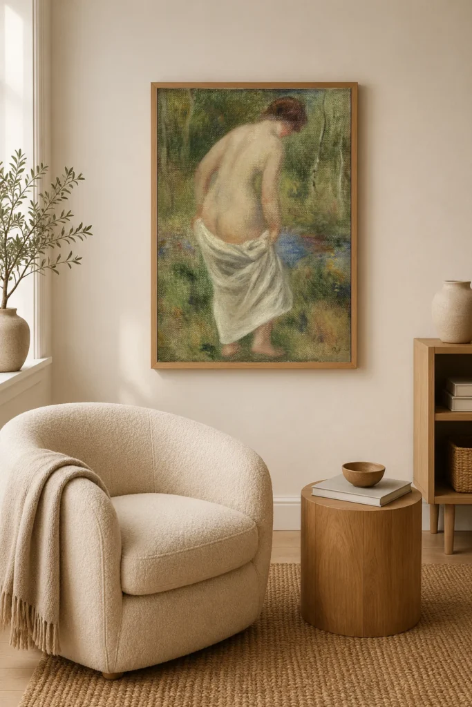 Framed print of After the Bath (Après le bain) hanging on a wall in a furnished room