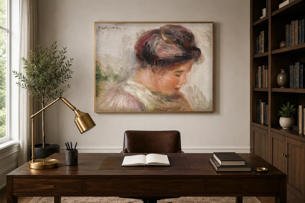 Framed print of Head of Young Girl (Tête de jeune fille) hanging on a wall in a furnished room