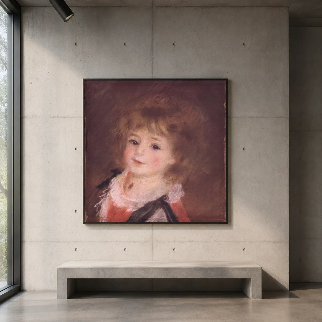 Framed print of Head of a Child hanging on a wall in a furnished room