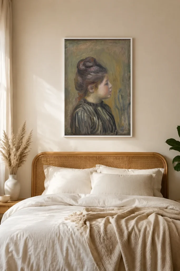 Framed print of Head of a Girl hanging on a wall in a furnished room