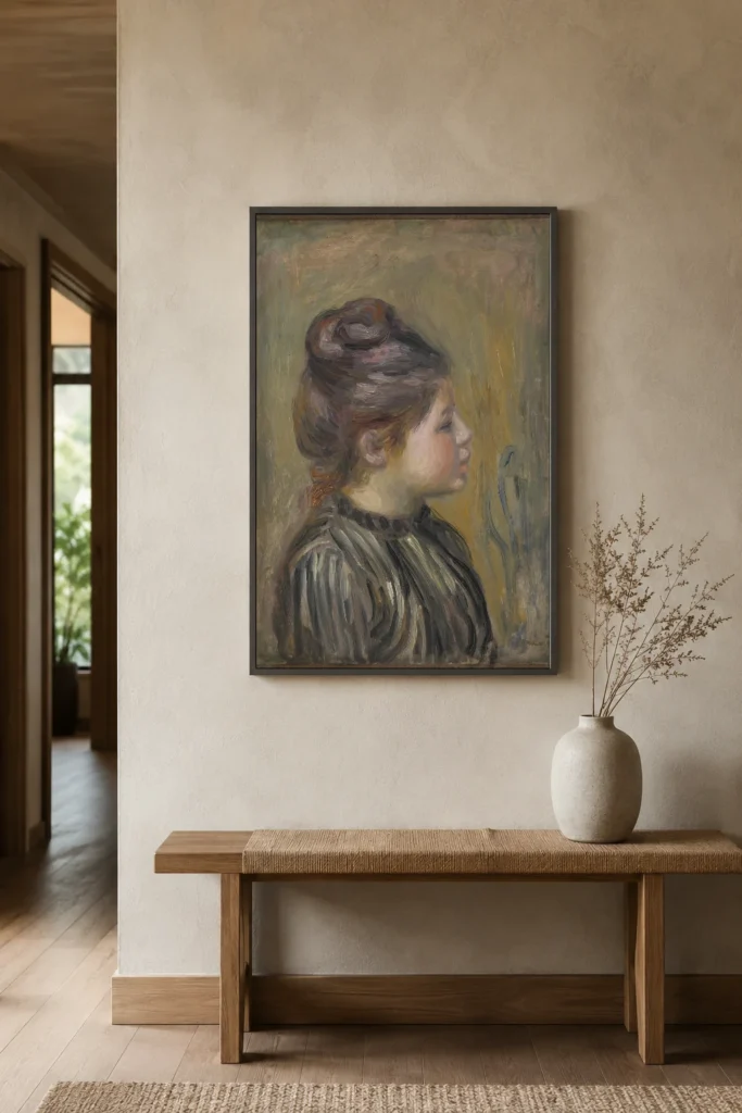Framed print of Head of a Girl hanging on a wall in a furnished room