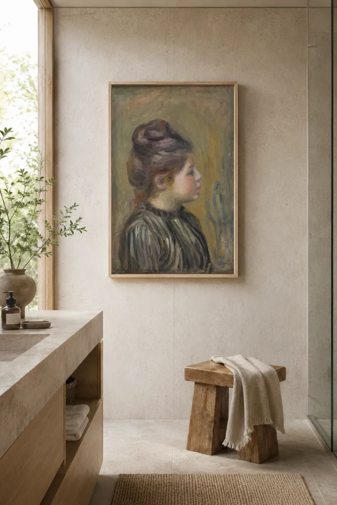 Framed print of Head of a Girl hanging on a wall in a furnished room