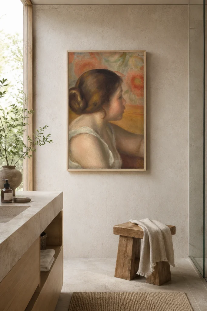 Framed print of Head of a Young Girl hanging on a wall in a furnished room