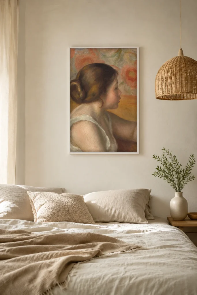 Framed print of Head of a Young Girl hanging on a wall in a furnished room