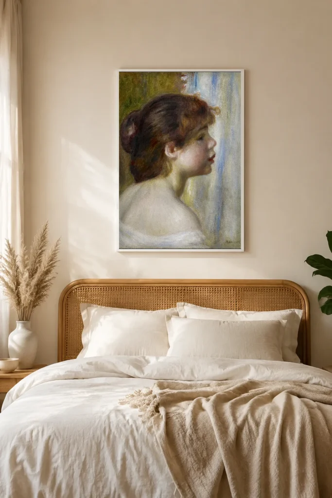 Framed print of Head of a Young Woman hanging on a wall in a furnished room