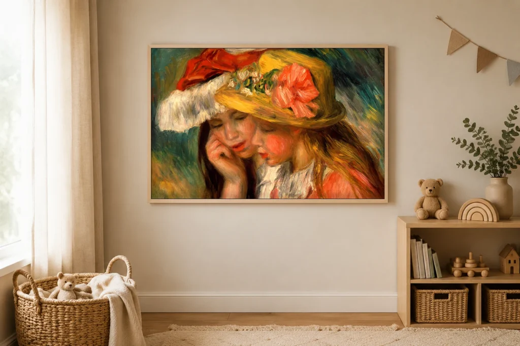 Framed print of Heads of Two Young Girls hanging on a wall in a furnished room