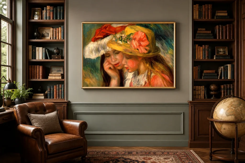 Framed print of Heads of Two Young Girls hanging on a wall in a furnished room