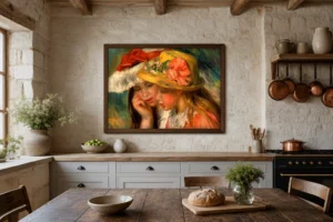 Framed print of Heads of Two Young Girls hanging on a wall in a furnished room