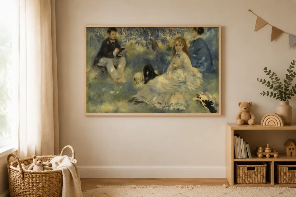Framed print of Henriot Family (La Famille Henriot) hanging on a wall in a furnished room