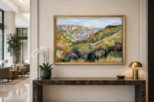 Framed print of Hills around the Bay of Moulin Huet, Guernsey hanging on a wall in a furnished room