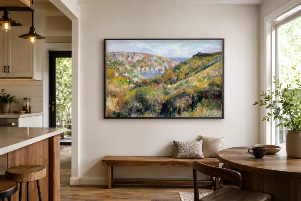Framed print of Hills around the Bay of Moulin Huet, Guernsey hanging on a wall in a furnished room