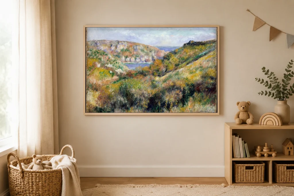 Framed print of Hills around the Bay of Moulin Huet, Guernsey hanging on a wall in a furnished room