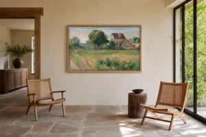 Framed print of Homes in Essoyes hanging on a wall in a furnished room