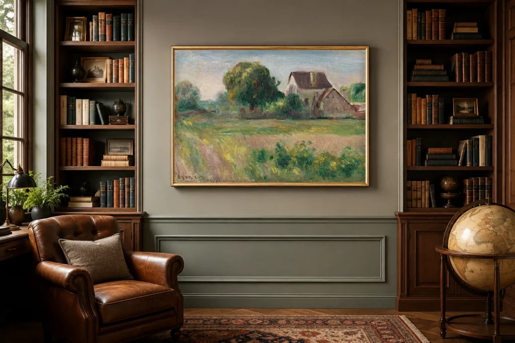 Framed print of Homes in Essoyes hanging on a wall in a furnished room