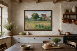 Framed print of Homes in Essoyes hanging on a wall in a furnished room
