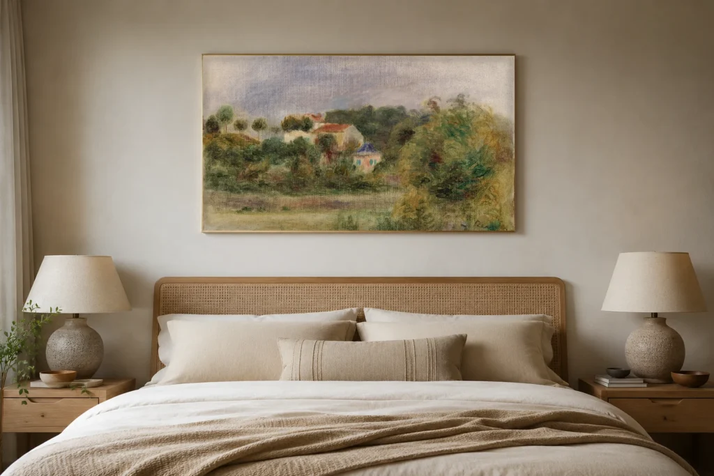 Framed print of Houses in a Park (Maisons dans un parc) hanging on a wall in a furnished room