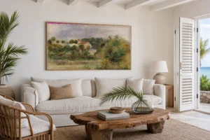 Framed print of Houses in a Park (Maisons dans un parc) hanging on a wall in a furnished room