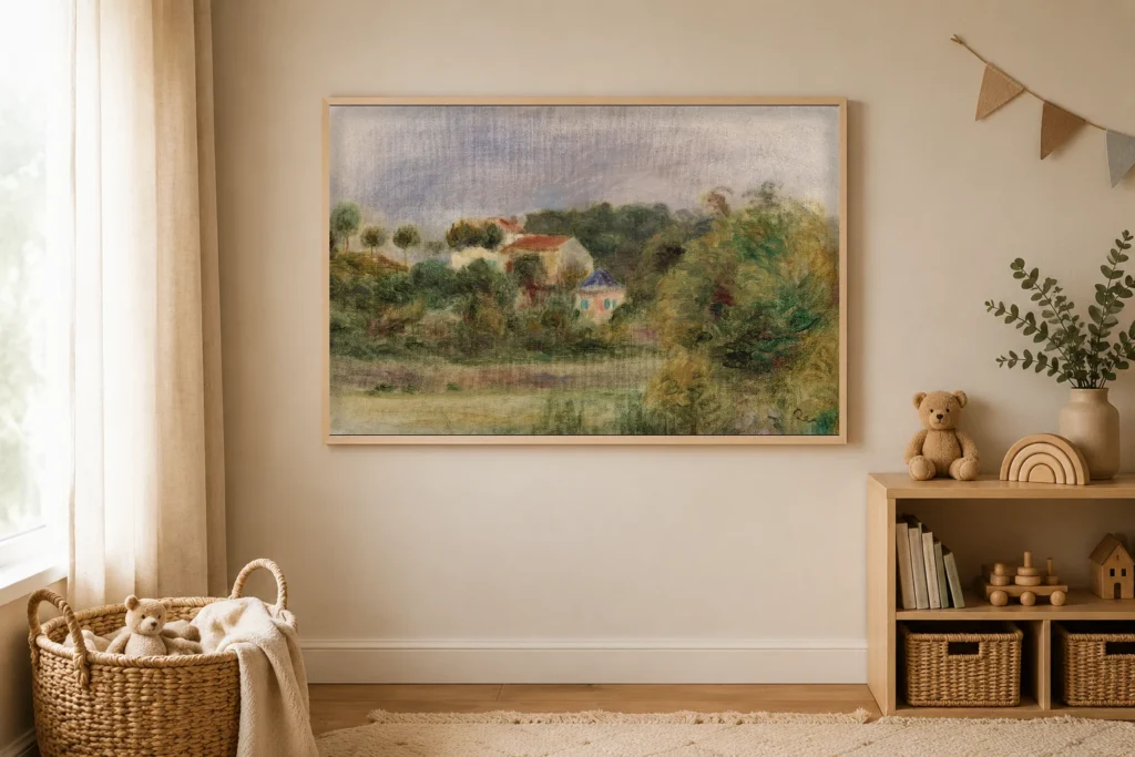 Framed print of Houses in a Park (Maisons dans un parc) hanging on a wall in a furnished room