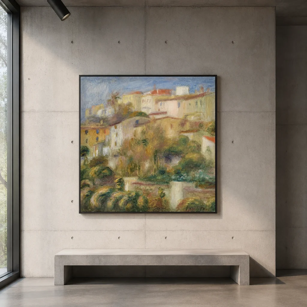 Framed print of Houses on a Hill (Groupe de maisons sur un coteau) hanging on a wall in a furnished room