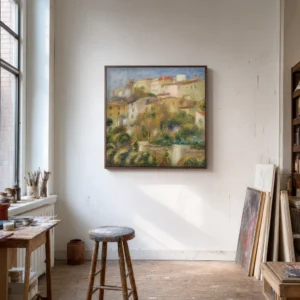 Framed print of Houses on a Hill (Groupe de maisons sur un coteau) hanging on a wall in a furnished room