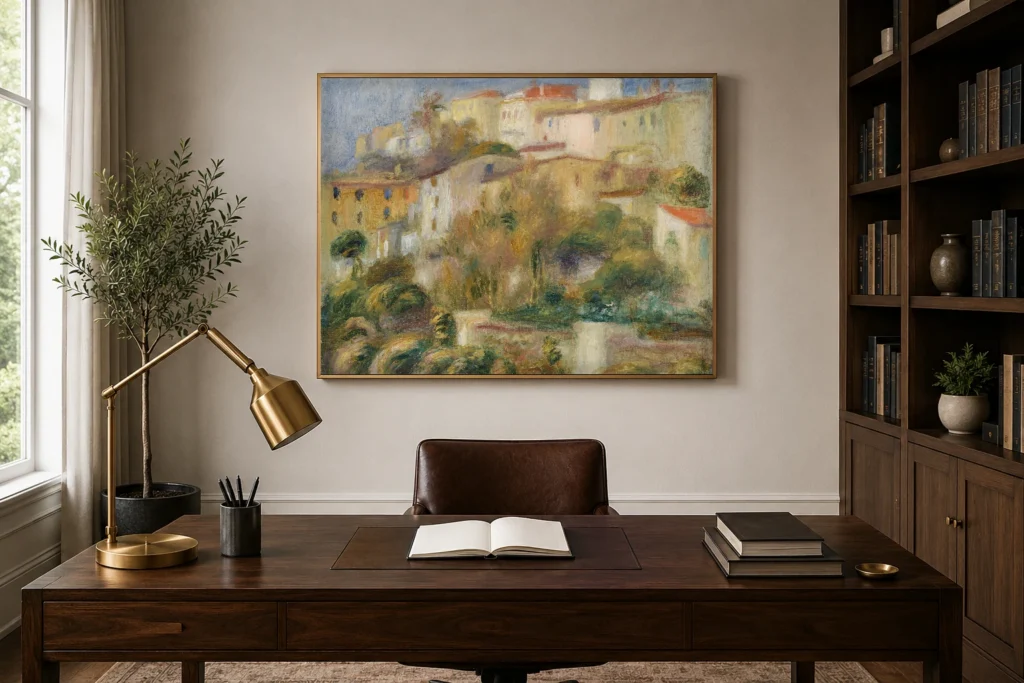 Framed print of Houses on a Hill (Groupe de maisons sur un coteau) hanging on a wall in a furnished room