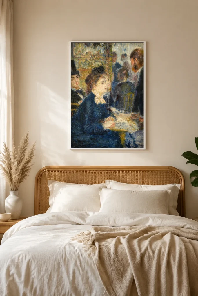 Framed print of In the Café hanging on a wall in a furnished room