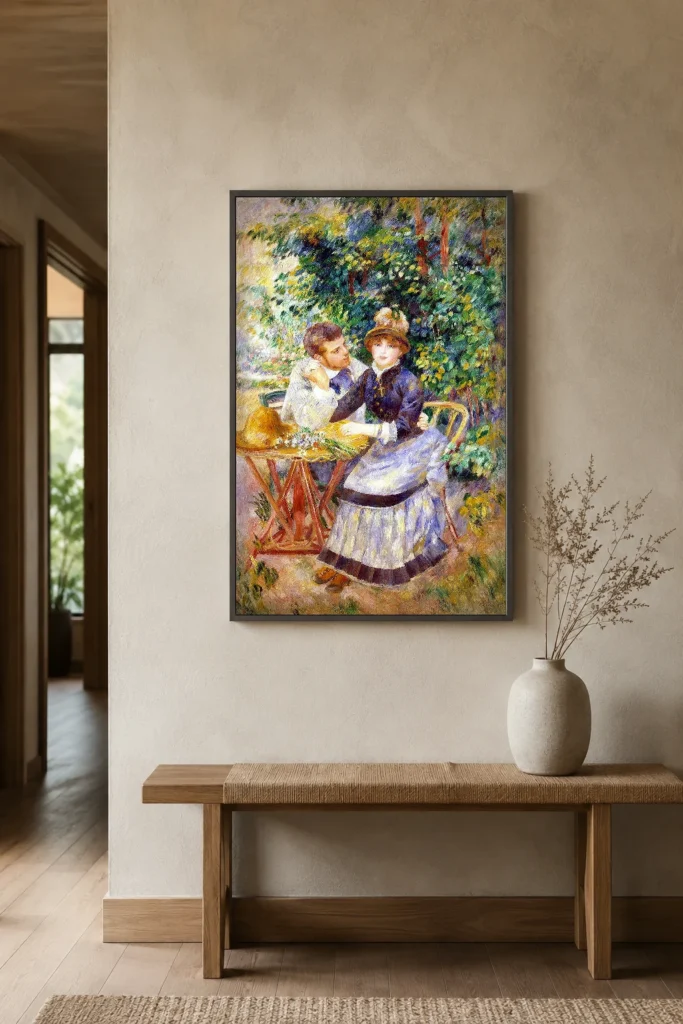 Framed print of In the Garden hanging on a wall in a furnished room