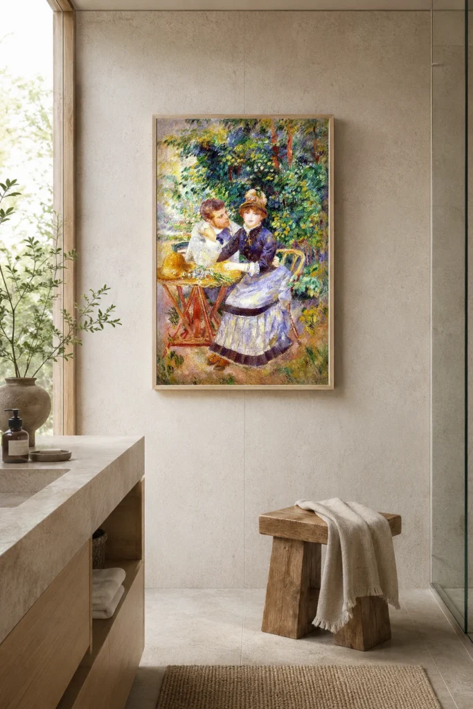 Framed print of In the Garden hanging on a wall in a furnished room