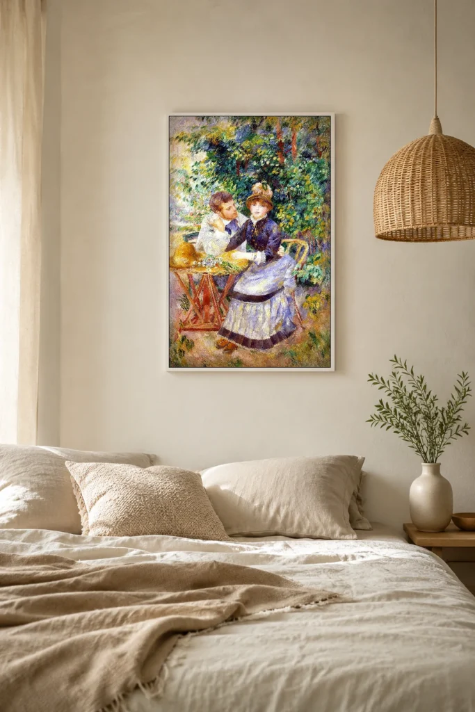 Framed print of In the Garden hanging on a wall in a furnished room