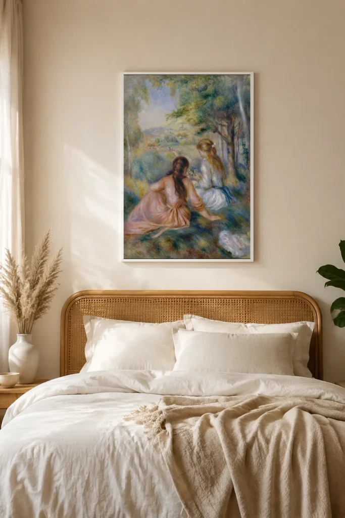 Framed print of In the Meadow hanging on a wall in a furnished room