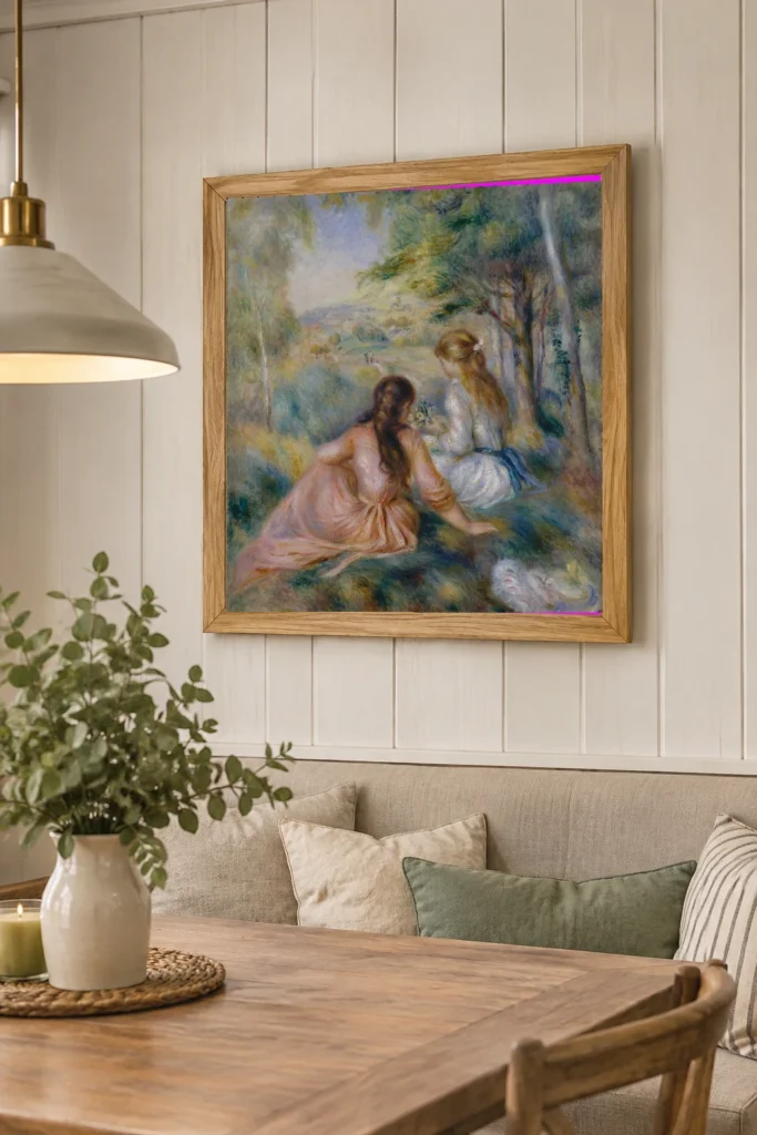 Framed print of In the Meadow hanging on a wall in a furnished room