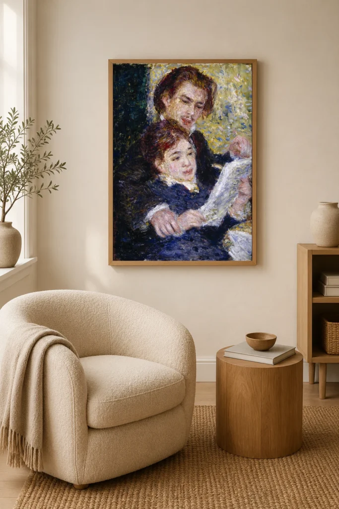 Framed print of In the Studio (Georges Riviere and Marguerite Legrand) hanging on a wall in a furnished room