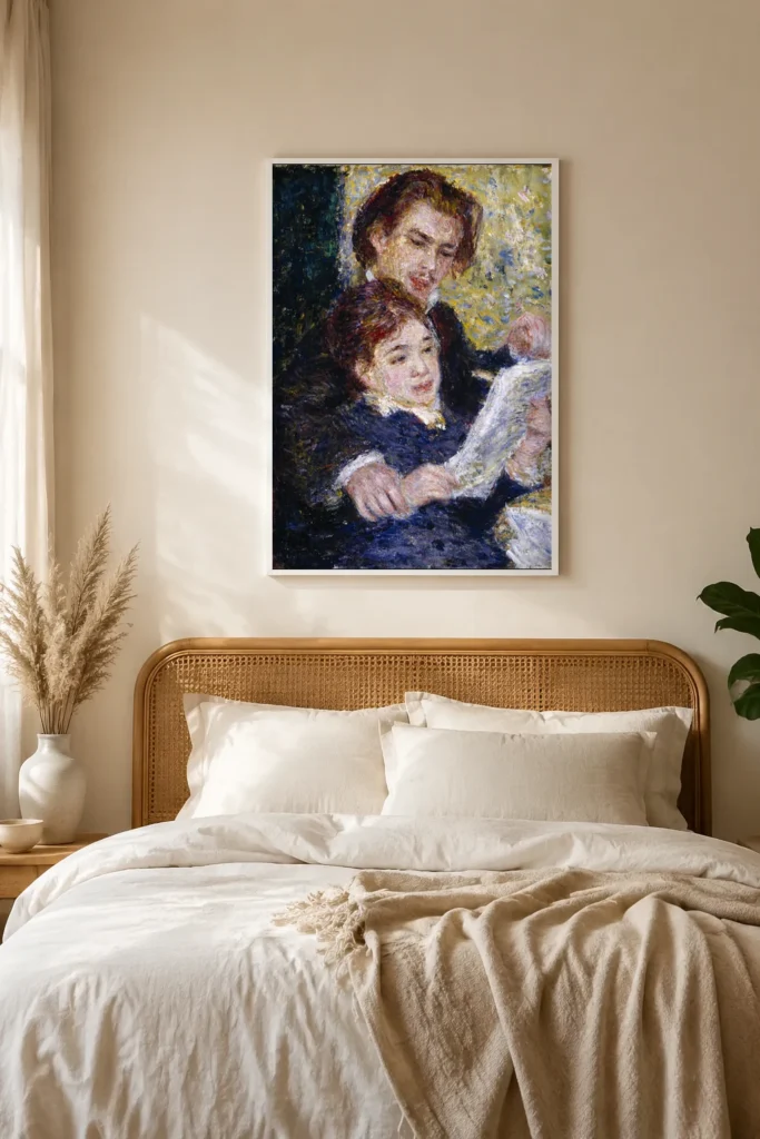 Framed print of In the Studio (Georges Riviere and Marguerite Legrand) hanging on a wall in a furnished room