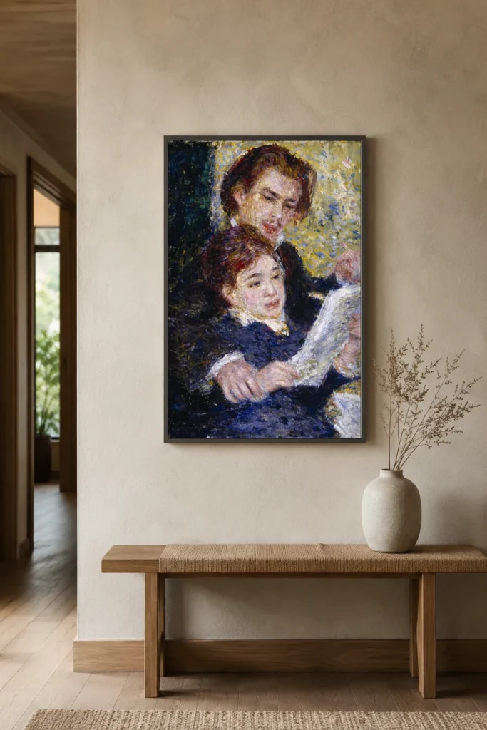 Framed print of In the Studio (Georges Riviere and Marguerite Legrand) hanging on a wall in a furnished room