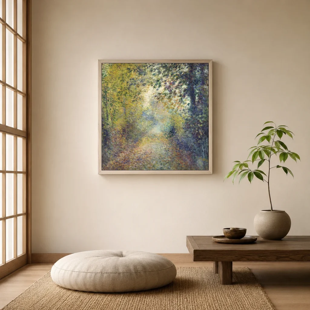 Framed print of In the Woods hanging on a wall in a furnished room