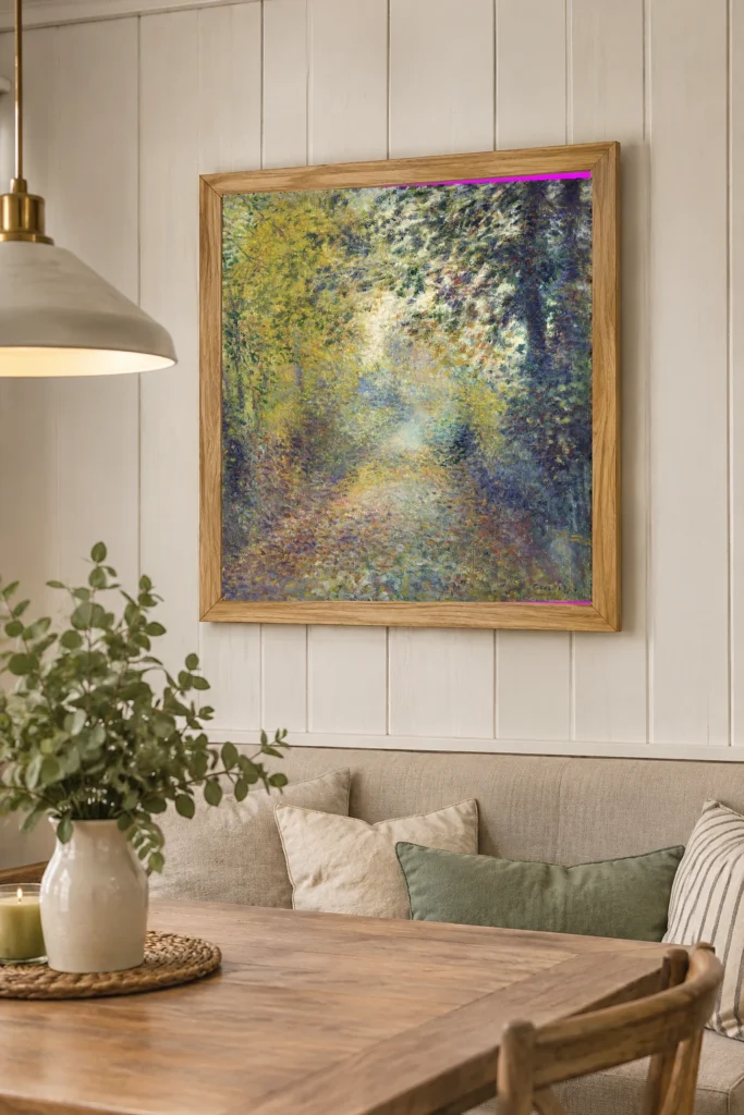 Framed print of In the Woods hanging on a wall in a furnished room
