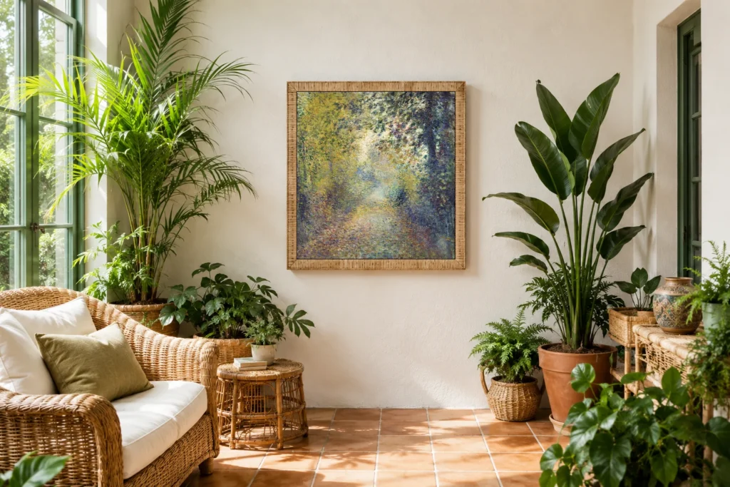 Framed print of In the Woods hanging on a wall in a furnished room