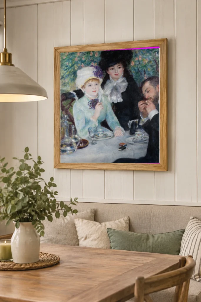 Framed print of After the Luncheon hanging on a wall in a furnished room