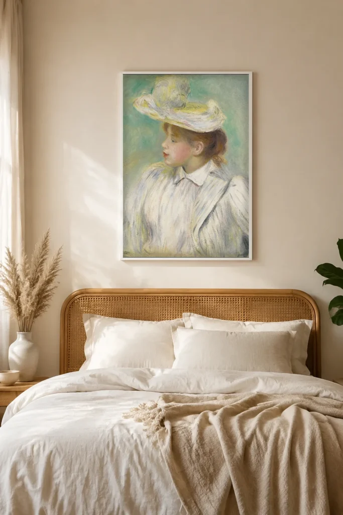 Framed print of Young Woman with a Straw Hat, White Dress hanging on a wall in a furnished room
